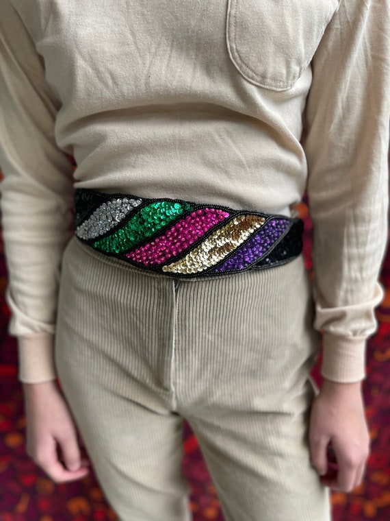 Vintage 1970s belt sequin striped multicolor wide 