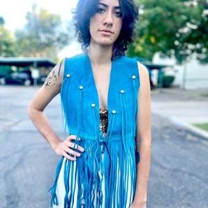 Vintage 1960s hot blue suede fringe studded vest HIPPIE bright blue coolest fringe boho vest CHIC Beatles summer of love handmade image 8