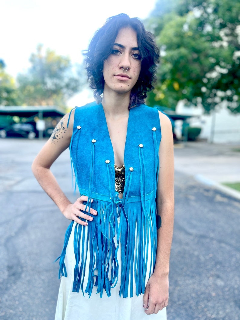 Vintage 1960s hot blue suede fringe studded vest HIPPIE bright blue coolest fringe boho vest CHIC Beatles summer of love handmade image 8