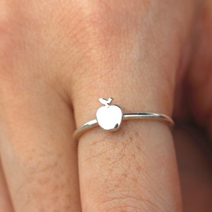 solid 925 ring,Apple stem and leaf,silver Apple ring,kawaii Japanese fruit,Apple outline ring, image 1