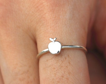 solid 925 ring,Apple stem and leaf,silver Apple ring,kawaii Japanese fruit,Apple outline ring,