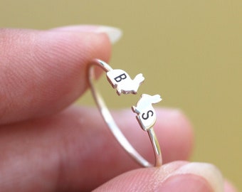 solid 925 silver custom kiss Bunny Rabbit ring,custom initial ring,letter ring,animal lover jewelry,silver ring,adjustable jewelry