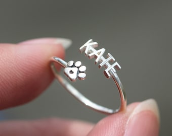 925 Silver Name Ring: Personalized Paw Print Adjustable Ring