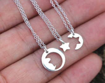Sterling Silver Sun, Moon, Star Necklace Set: Dainty Celestial Jewelry