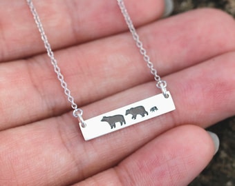 Collier de famille personnalisé en argent sterling avec un ours - Cadeau pour nouvelle maman