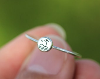 Sterling Silver Beach Tree Ring: Dainty Ocean Wave Jewelry