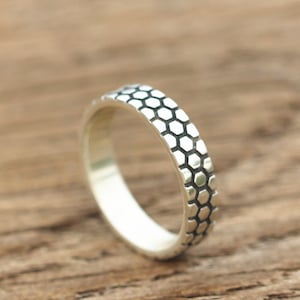 Sterling Silver Honeycomb Ring: Dainty Hexagon Stacking Band
