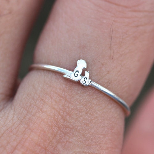 solid 925 silver custom dog and cat ring,family animal jewelry, animal lover ring,initial ring,Personalized letter jewelry,pet jewelry