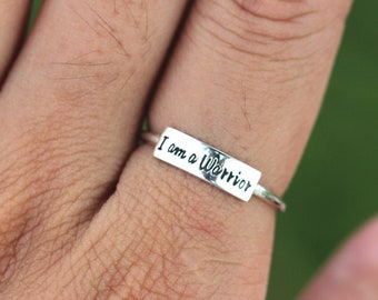 engraved message ring I am a warrior,Sterling silver custom initial ring,name ring,friendship gift,