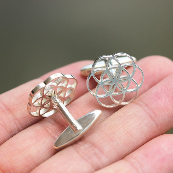 solid 925 silver Geometric Circle cufflinks,Seed of life cufflinks,Geometry Flower of Life cufflinks,silver cufflinks,wedding cufflinks