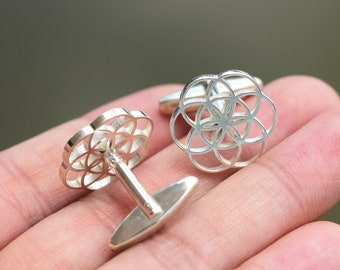 solid 925 silver Geometric Circle cufflinks,Seed of life cufflinks,Geometry Flower of Life cufflinks,silver cufflinks,wedding cufflinks