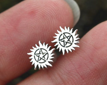 sterling silver Anti-Possession Pentacle stud earrings,silver Sun earrings,The Supernatural Jewelry Pagan earrings,Witchcraft earrings