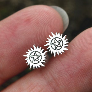 sterling silver Anti-Possession Pentacle stud earrings,silver Sun earrings,The Supernatural Jewelry Pagan earrings,Witchcraft earrings