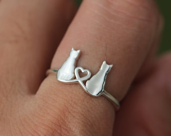 Sterling Silver Cat Ring: Heart Tail, Delicate Animal Jewelry