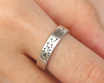 dandelion ring,silver band ring,dandelion seeds ring,dainty ring,silver jewelry,solid 925 silver band jewelry,wish jewelry