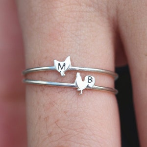 Anel de prata personalizado, anel inicial personalizado, anel de galo, anel de galinha, conjunto de 2, anel de prata esterlina, anel você e eu, anel de família, anel de animal personalizado
