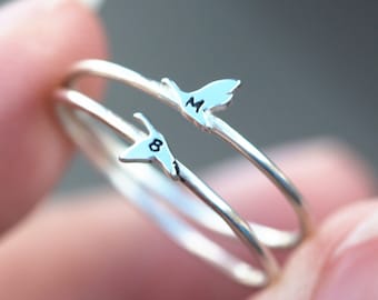set of 2, custom swan ring,silver bird ring,custom initials ring,sterling silver ring,midi ring,animal lover jewelry