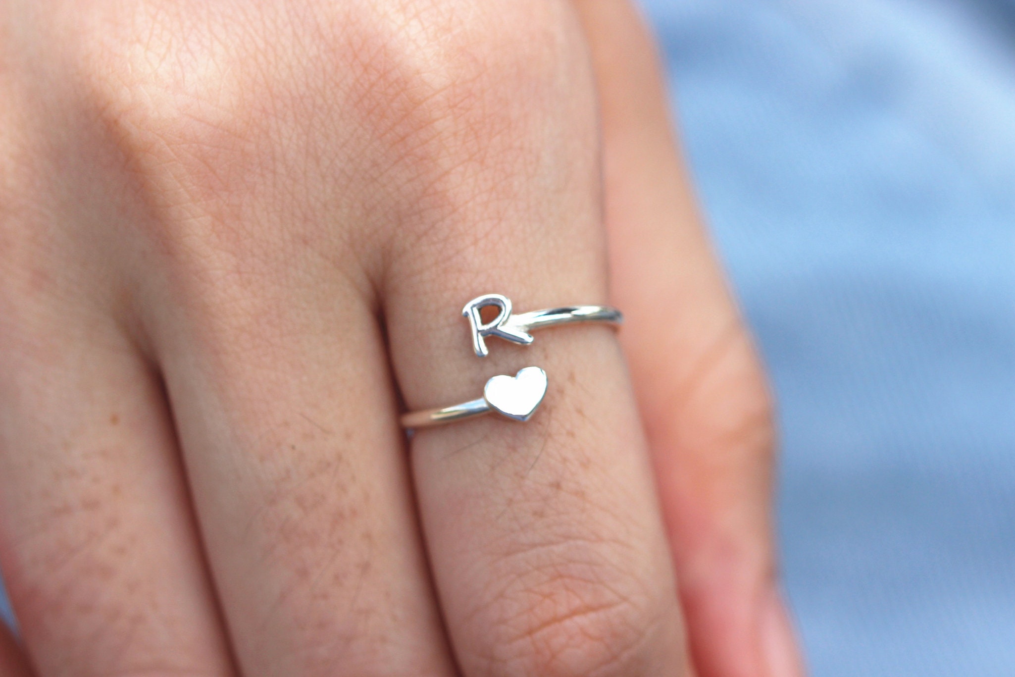 Silver Initial Ring Heart Letter Ring Adjustable Rings