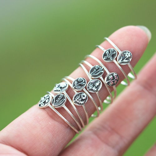 925 silver Custom Family birth flower ring,sunflower ring,lily ring,rose ring,violet ring,daisy ring,poppy ring,flower jewelry,birthday gift