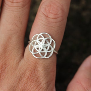 Anel de prata esterlina com formas geométricas de círculo, anel de semente da vida, anel de geometria da flor da vida, anel de círculo de prata, anéis femininos