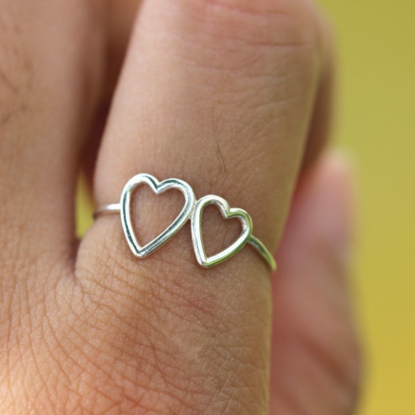925 silver double heart ring. sterling silver open heart love ring,delicate dainty ring,simple valentines day jewelry, romantic special gift