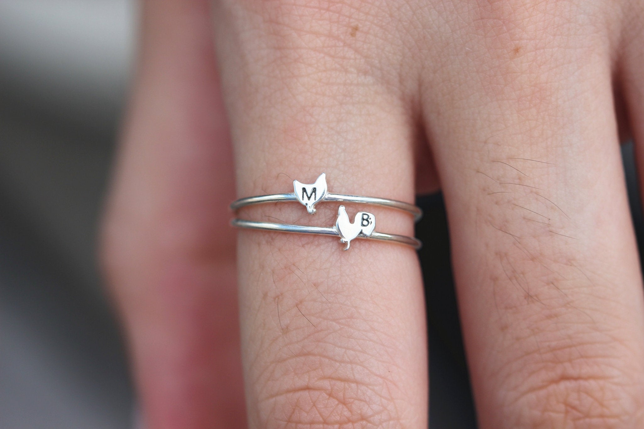 custom silver ring,custom initial ring, Rooster ring,hen ring,set of 2,sterling silver ring,you and me ring,family ring,custom animal ring