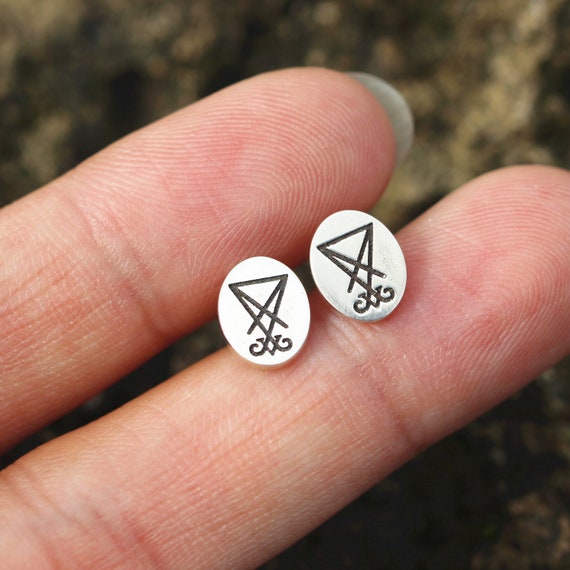 Silver Lucifer Sigil Stud Earrings: Satanic Talisman Jewelry