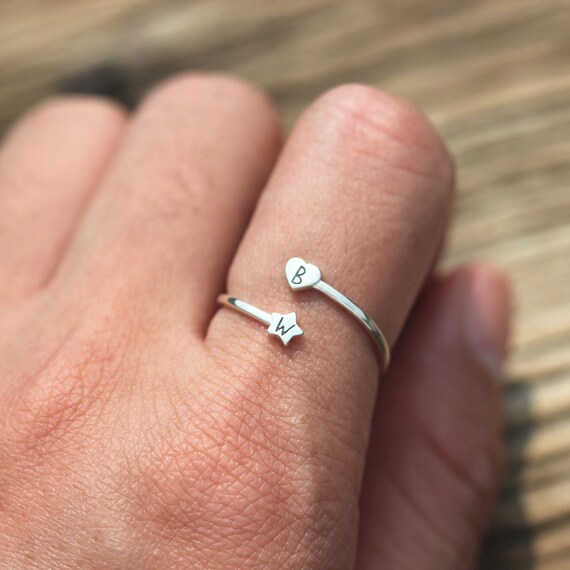 925 Silver Initial Ring: Heart & Letter Adjustable Ring - Etsy