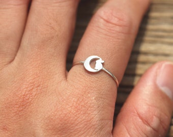 BHPG, 925 silver moon ring,rabbit ring,silver animal jewelry,dainty silver jewelry