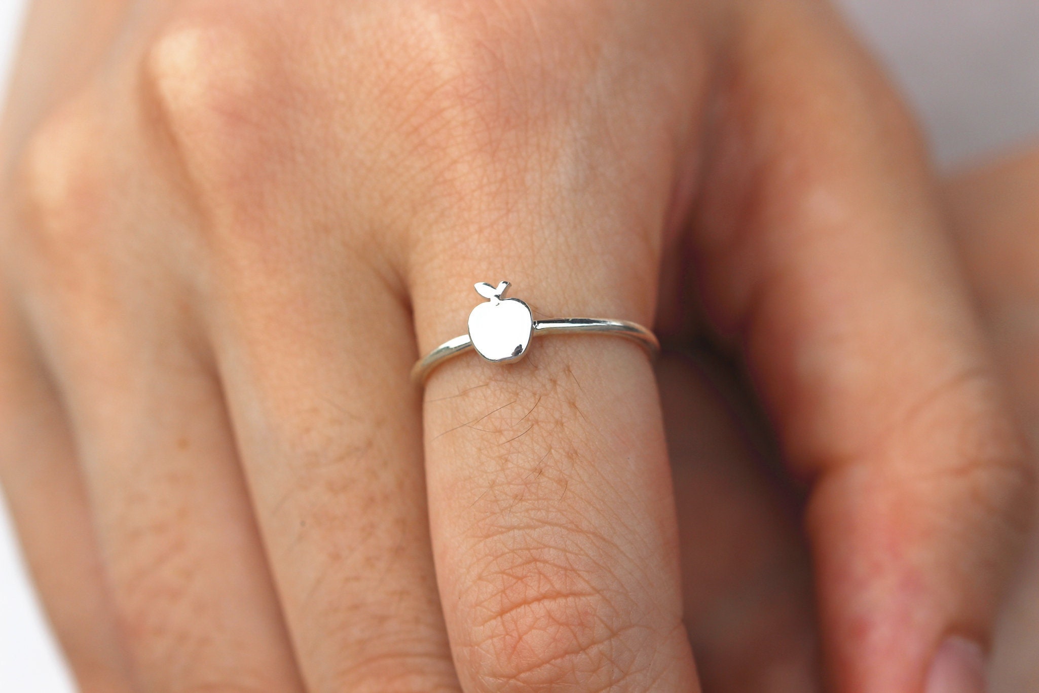 solid 925 ring,Apple stem and leaf,silver Apple ring,kawaii Japanese fruit,Apple outline ring,