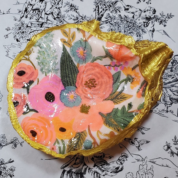 Anthropologie Inspired Rifle Paper Floral Oyster Shell Ring Dish