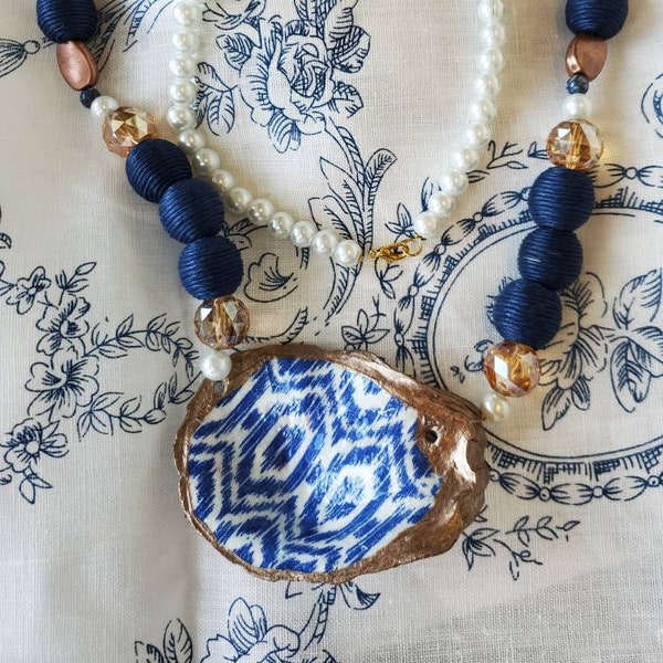Blue Ikat Pattern Oyster Shell Necklace, Pearl, Copper, Blues