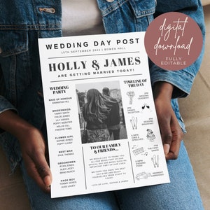 May include: A monochrome wedding day post for Holly & James, featuring a timeline, wedding party details, and a message. The text 'digital download' is visible. The date is 15th September 2023, with Bowen Hall mentioned.