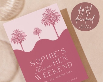 以下が含まれることがあります： ピンクと赤のデジタル招待状で、ヤシの木と「Sophie's Ibiza Hen Weekend 24th-26th August 2025 RSVP to Charlotte on 08726 272272」というテキストが書かれています。