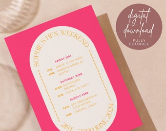 Hen Weekend Itinerary + Invite Oval Template | 4 Colourway Examples | Hen Weekend Itinerary | Digital Hen Invitation | Designed in the UK