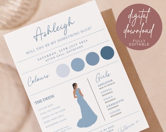 Digital Something Blue Bridesmaid Dress Details Card Template | Bridal Party Dress Code Card | Fully Editable | Designed in the UK