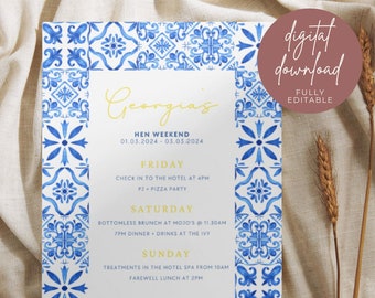 Mediterranean Themed Hen Bundle - Invite, Itinerary & Menu Templates | Hen Weekend Itinerary | Digital Hen Invitation | Designed in the UK