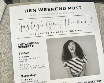 Hen Weekend Newspaper | Hen Do Itinerary | Hen Party Designs | Guess The Dress Prints | Hen Party Signs | Made in the UK