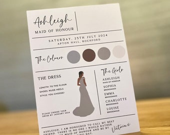 Personalised Bridesmaid Card - Featuring Colour Scheme, Dress Details, Bridal Party & Message | Wedding Party Gifts | Bridal Gift