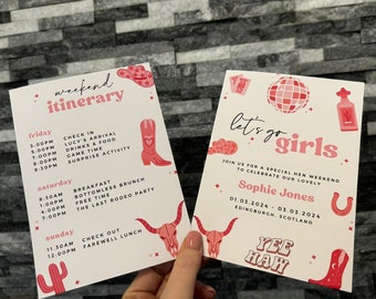 May include: Two pink and white cards with a western theme. The first card has a pink cowboy boot and a skull with a pink bandana. The second card has a pink disco ball and a bottle of tequila. The text on the first card reads "weekend itinerary" and lists the activities for a weekend trip. The text on the second card reads "let's go girls" and includes the date and location of the event.