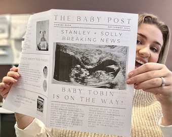 Baby Announcement Newspaper | The Baby Post - 4 Personalised Sides | Pregnancy Reveal Idea | Made in the UK