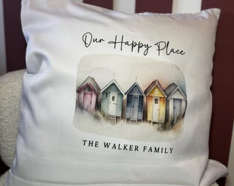 Personalised Beach Hut Cushion: Family Name | New Home Gift
