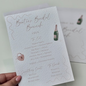Brautbrunch-Menü + Tischkarten - personalisiert mit dem Namen des Gastes | Benutzerdefinierte Hen Do Drucke | Henne-Wochenende | Henne tun Einladungen | Hergestellt in Großbritannien