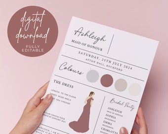 Digital Bridesmaid Dress Details Card Template | Bridal Party Dress Code Card | Fully Editable | Designed in the UK