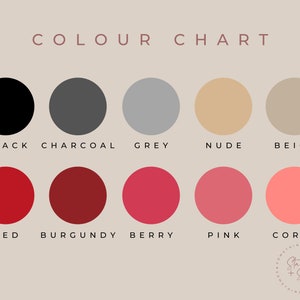 K&ouml;nnte beinhalten: Farbkarte mit 10 Farbmustern. Die Farben sind Schwarz, Anthrazit, Grau, Nude, Beige, Rot, Burgunder, Beere, Rosa und Koralle.