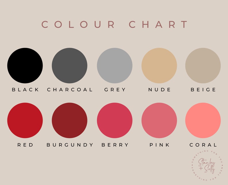 K&ouml;nnte beinhalten: Farbkarte mit 10 Farbmustern. Die Farben sind Schwarz, Anthrazit, Grau, Nude, Beige, Rot, Burgunder, Beere, Rosa und Koralle.