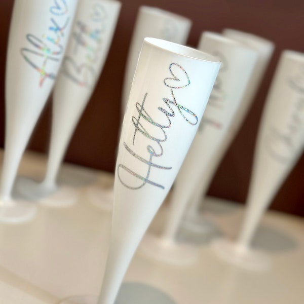 Personalised White Champagne Flute | Bridal Party Gifts | Bridesmaid Glass | Wedding Flutes | Hen Do Favour + Gift