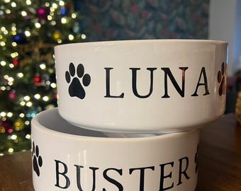 Personalised Large Dog Bowl: Printed Ceramic Pet Bowl, Custom Name with Paw Print