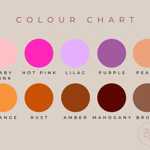 K&ouml;nnte beinhalten: Farbkarte mit 10 verschiedenen Farbmustern. Die Farben sind: Babyrosa, Pink, Lila, Violett, Pfirsich, Orange, Rost, Bernstein, Mahagoni und Braun.