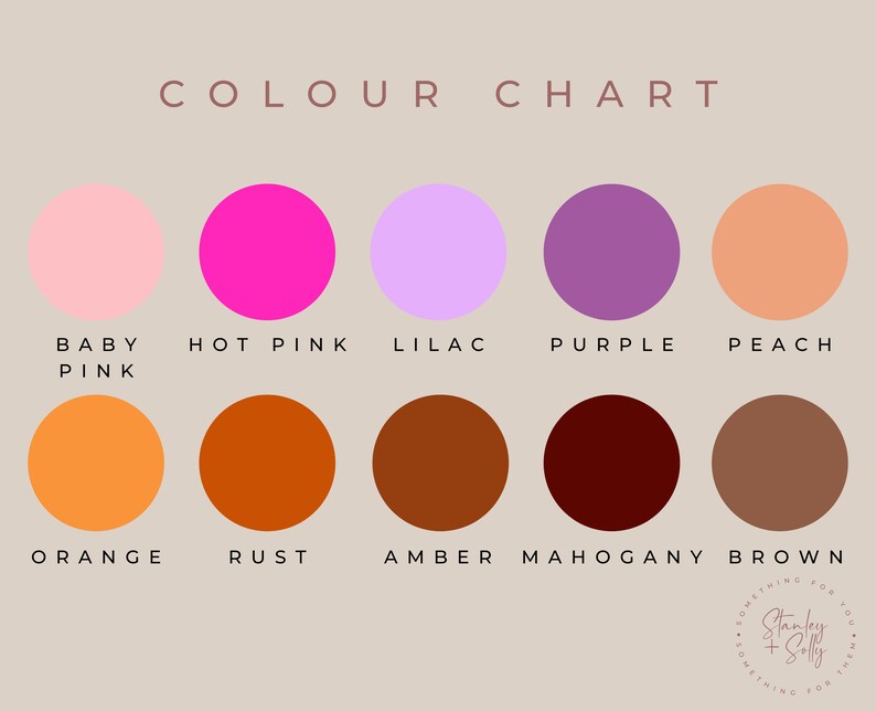 K&ouml;nnte beinhalten: Farbkarte mit 10 verschiedenen Farbmustern. Die Farben sind: Babyrosa, Pink, Lila, Violett, Pfirsich, Orange, Rost, Bernstein, Mahagoni und Braun.